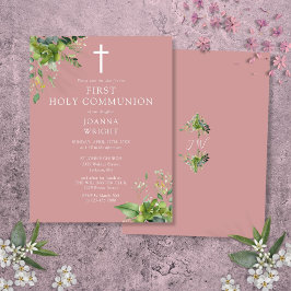 Greenery Rosa First Heliga Communion Spara datum Vykort