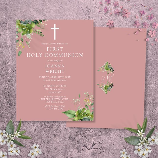 Greenery Rosa First Heliga Communion Spara datum Vykort (Greenery Pink First Holy Communion Save The Date Postcard)
