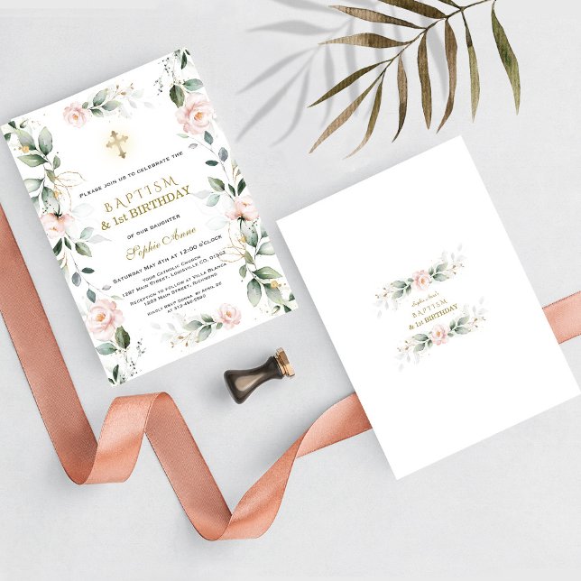 Greenery Rosa Flowers Baptism 1:a födelsedagen Par Inbjudningar (floral greenery baptism 1st birthday, trendy, elegant, modern baptism first birthday invitation)
