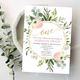 Greenery rosa guld elegant flicka 1 år inbjudningar