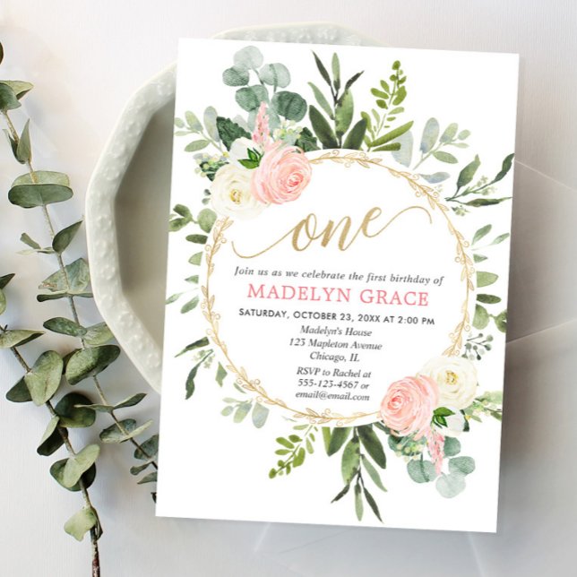 Greenery rosa guld elegant flicka 1 år inbjudningar (Skapare uppladdad)