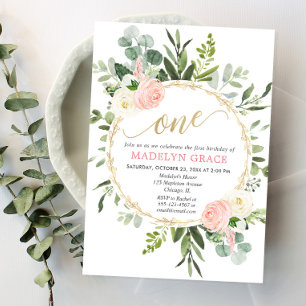 Greenery rosa guld elegant flicka 1 år inbjudningar