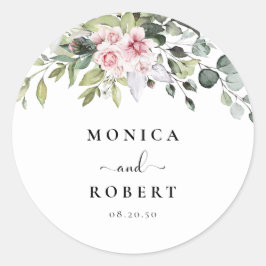 Greenery Rosa ros Bröllop Classic Round Sticker Runt Klistermärke