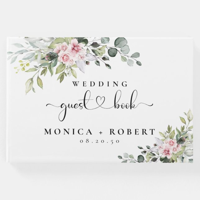 Greenery Rosa ros Bröllop Guest Bok (Framsida)