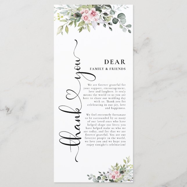 Greenery Rosa ros Bröllop Menu Meny (Baksida)