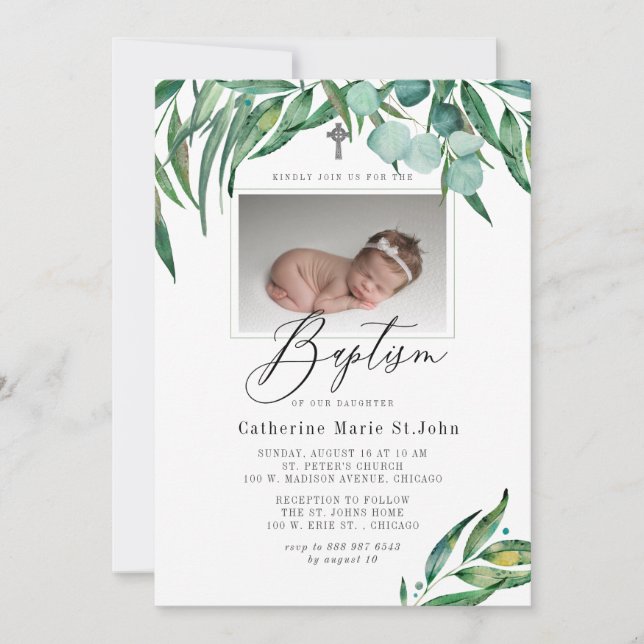 Greenery Rustic Eucalyptus Photo Baptism Inbjudningar (Framsida)