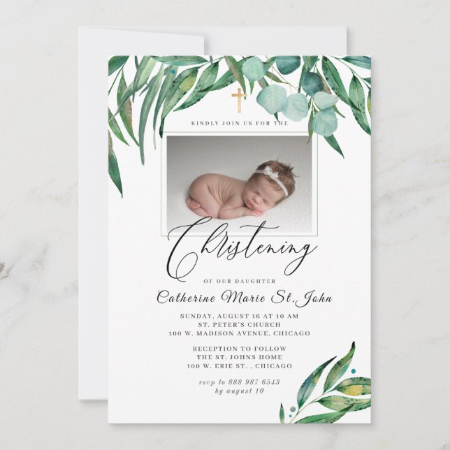 Greenery Rustic Eucalyptus Photo Christening Inbjudningar (Framsida)