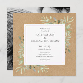 Greenery Rustic Kraft Photo Bröllop Inbjudningar