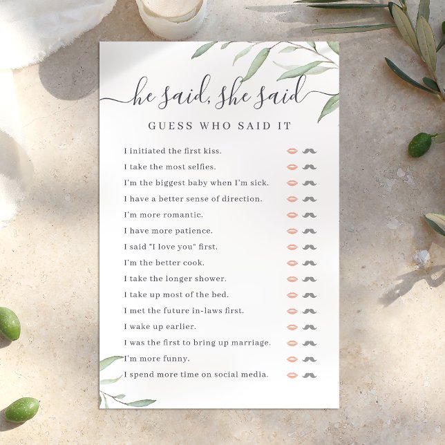 Greenery sa att hon sa möhippa-spel (Greenery He said She said bridal shower game)