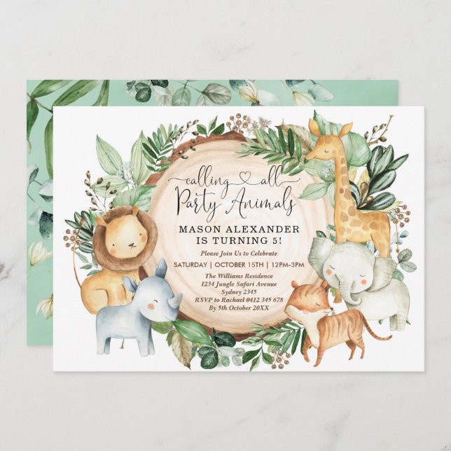 Greenery Safari Party Animals Boys Birthday Inbjudningar (Fram/baksida)