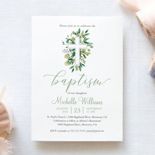 Greenery Sage Färg Calligraphy Baptism Inbjudningar (Skapare uppladdad)