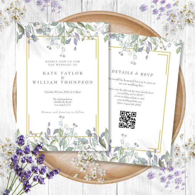 Greenery Sage Lilac Blommigt QR Code Bröllop Inbjudningar (Greenery Sage Lilac Floral QR Code Wedding Invitation)