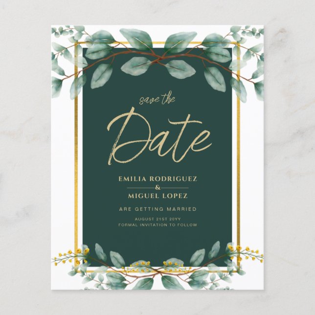Greenery Save Date Emerald Grönt Guld Flygblad (Framsidan)