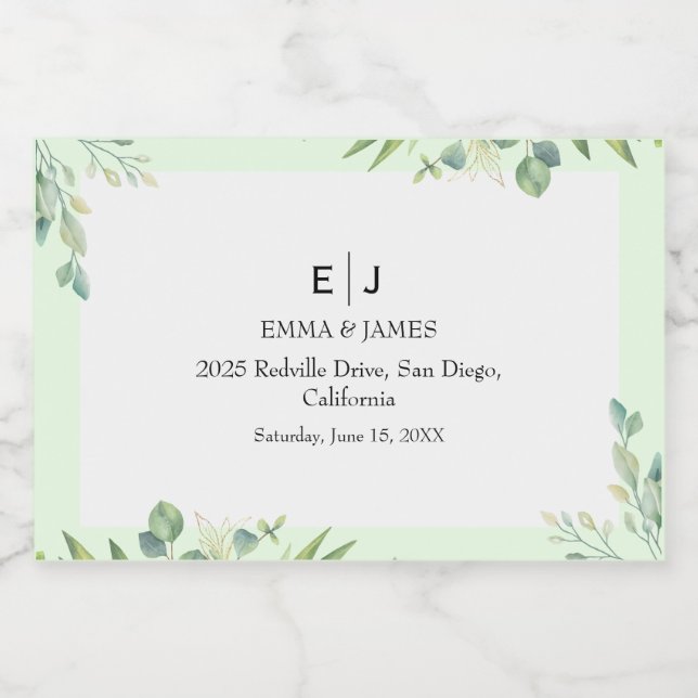 Greenery Script Wedding Photo Wine Label (Enkel etikett)