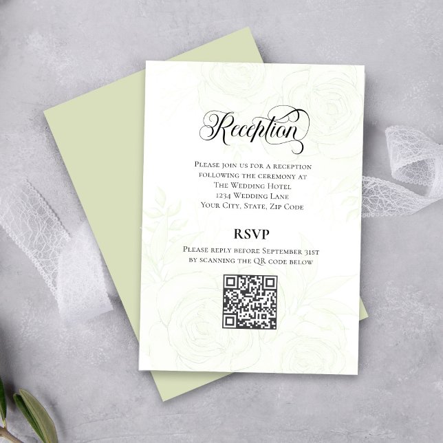 Greenery Script Wedding QR Code Reception Card Tilläggskort (Elegant greenery wedding reception card with QR code for easy guest RSVP.)