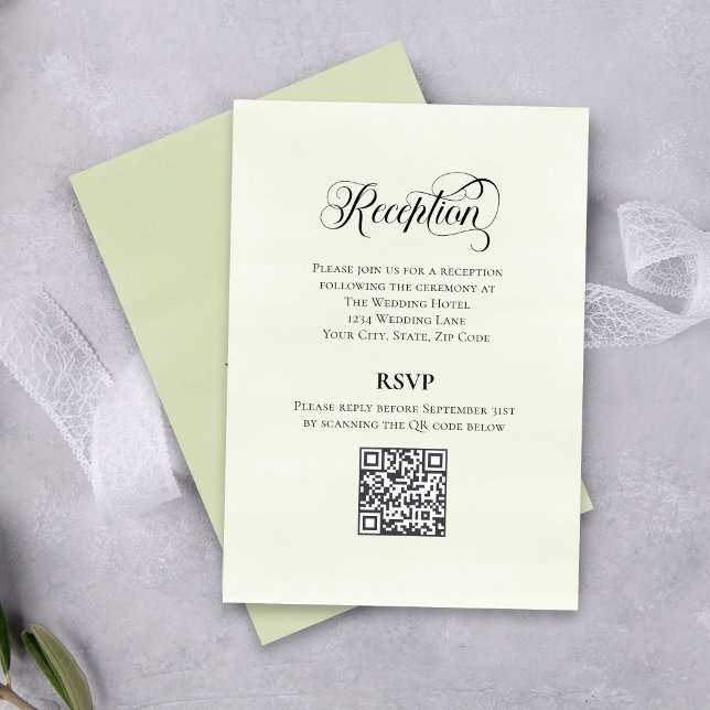 Greenery Script Wedding QR Code Reception Elegant  Tilläggskort (Elegant reception details with QR code for easy guest info access.)