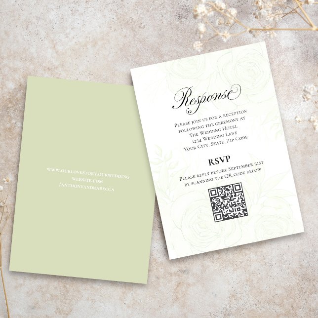 Greenery Script Wedding QR Code RSVP Card Tilläggskort (Light sage green wedding website card with minimalist text and modern layout.)