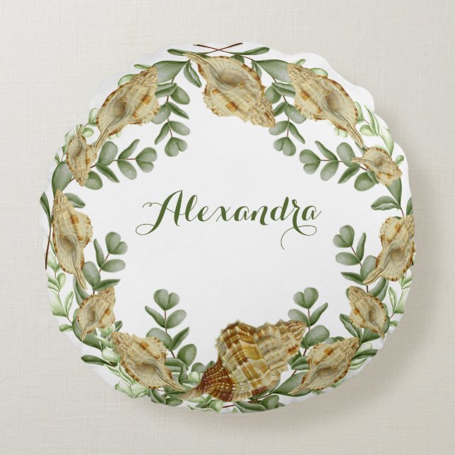 Greenery Seashell Nautical Cream Snäckors Coastal  Rund Kudde (Framsidan)