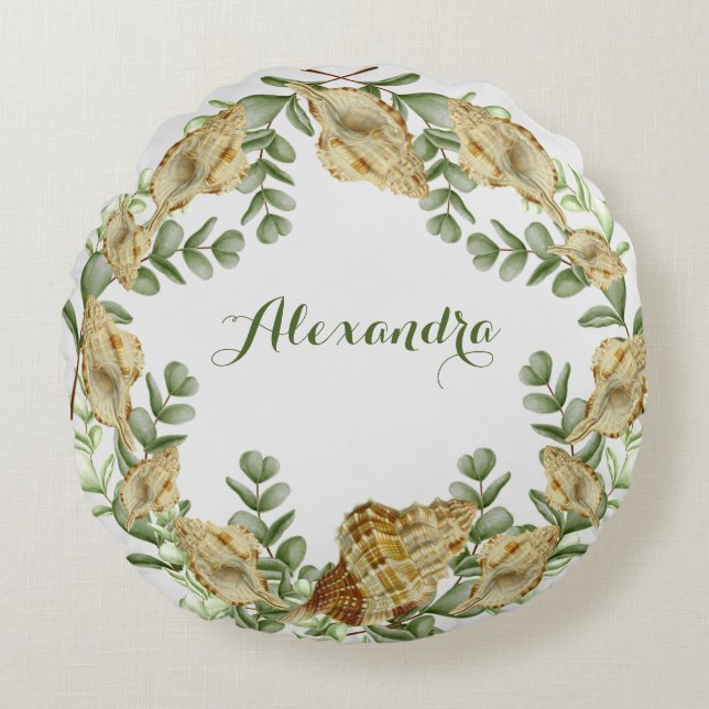 Greenery Seashell Nautical Cream Snäckors Coastal Rund Kudde (Framsidan)