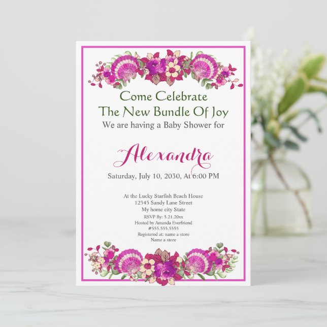 Greenery Seashell Rosa Girl Girl Blommigt Baby Sho (Stående Fram)