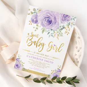 Greenery Shower för Sweet Flicka Lila Guld Blommig Inbjudningar