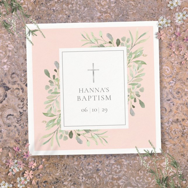 Greenery Silver Baptism som förkroppsligar  Rosa Pappersservett (Greenery Silver Baptism Christening Blush Pink Napkins)