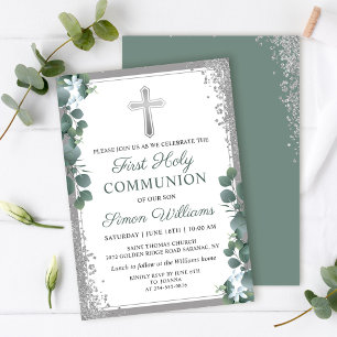 Greenery Silver Glitter Första Heligan Kommunision Inbjudningar