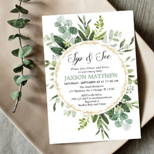 Greenery Sip and See, Eucalyptus Meet greet baby Inbjudningar