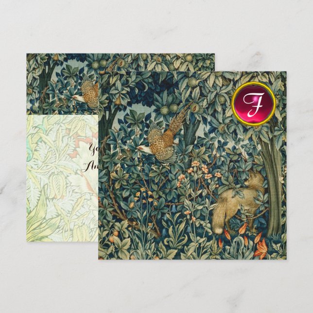 GREENERY,SKOGSDJUR Fox,Fästmedel,Grönt Blommigt Inbjudningar (Fram/baksida)