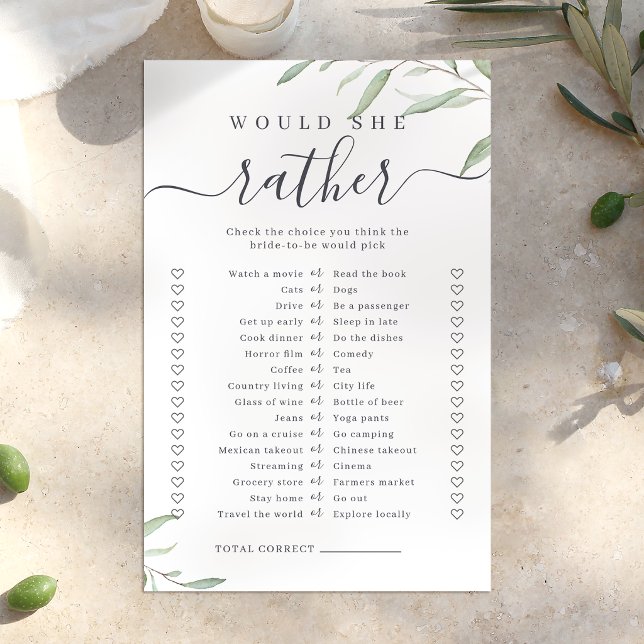 Greenery skulle hon hellre bröllopsdusch spel (Greenery would she rather bridal shower game)
