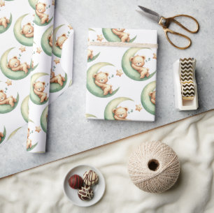 Greenery söt sovande nalle över måne presentpapper