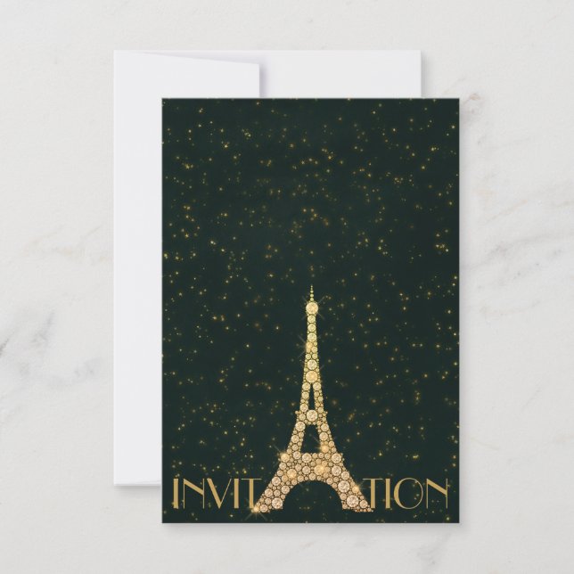 Greenery Starry Guld Eiffel Torn Paris Crystals Inbjudningar (Framsida)