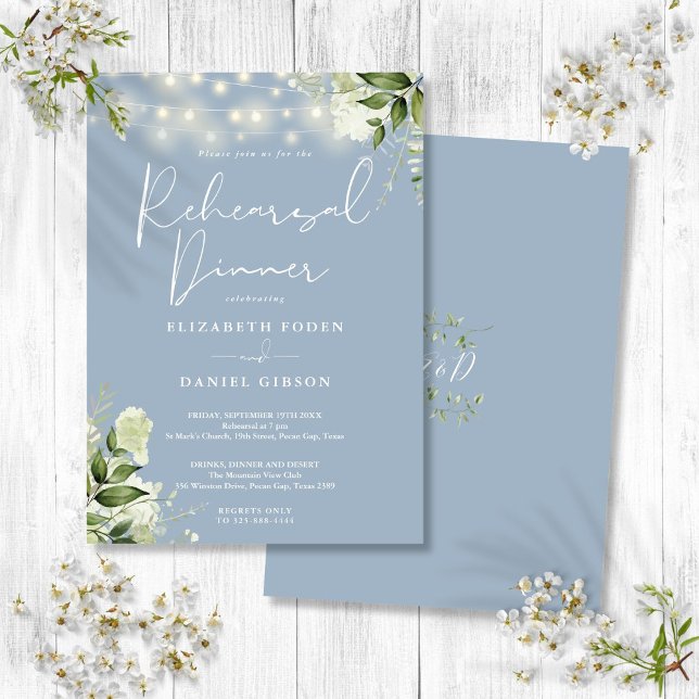 Greenery String Ljus Dusty Blue Rehearsal Middag Inbjudningar (Greenery String Lights Dusty Blue Rehearsal Dinner Invitation)