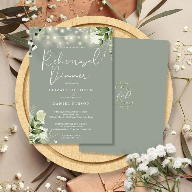 Greenery String Ljus Sage Grönt Rehearsal Middag Inbjudningar (Greenery String Lights Sage Green Rehearsal Dinner Invitation)