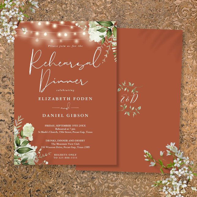 Greenery String Ljus Terracotta Rehearsal Dinner Inbjudningar (Greenery String Lights Terracotta Rehearsal Dinner Invitation)