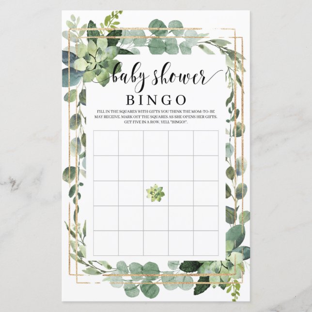 Greenery Succuly Rustic Baby dusch bingo-spel (Framsida)