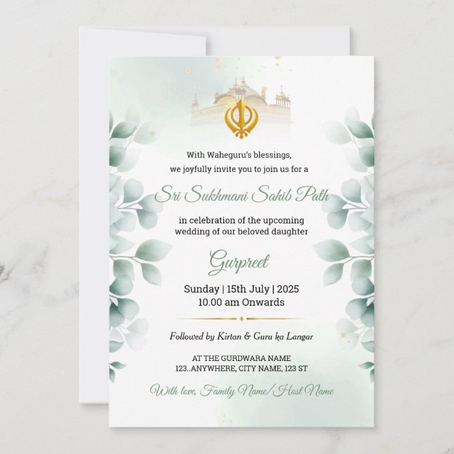 Greenery Sukhmani Sahib Path Invitation Inbjudningar (Framsida)