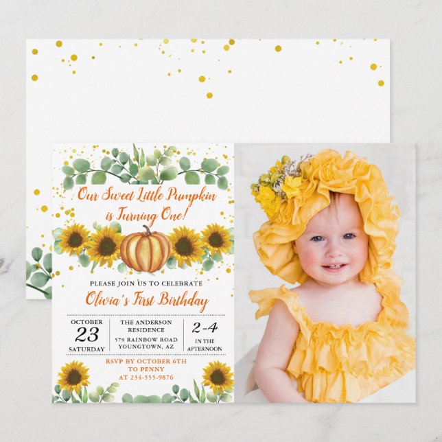 Greenery Sunblommor Pumpkin Autumn Birthday Photo Inbjudningar (Fram/baksida)
