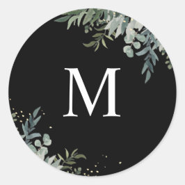 Greenery | Svart monogram kuvertförsegling Runt Klistermärke