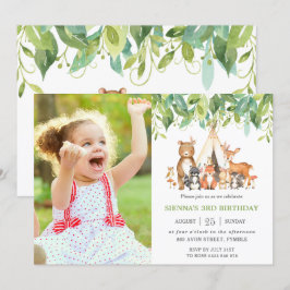 Greenery Tribal Woodland Animals Birthday Photo Inbjudningar