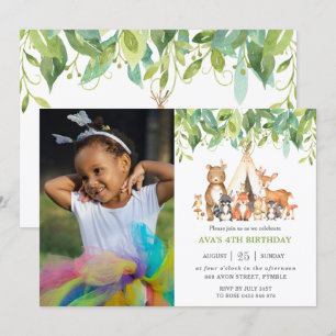 Greenery Tribal Woodland Animals Birthday Photo Inbjudningar