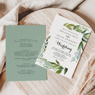 Greenery Tropical Calligraphy Front & Back Bröllop Inbjudningar