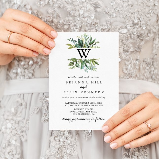 Greenery Tropical Calligraphy Monogram Bröllop Inbjudningar (Skapare uppladdad)
