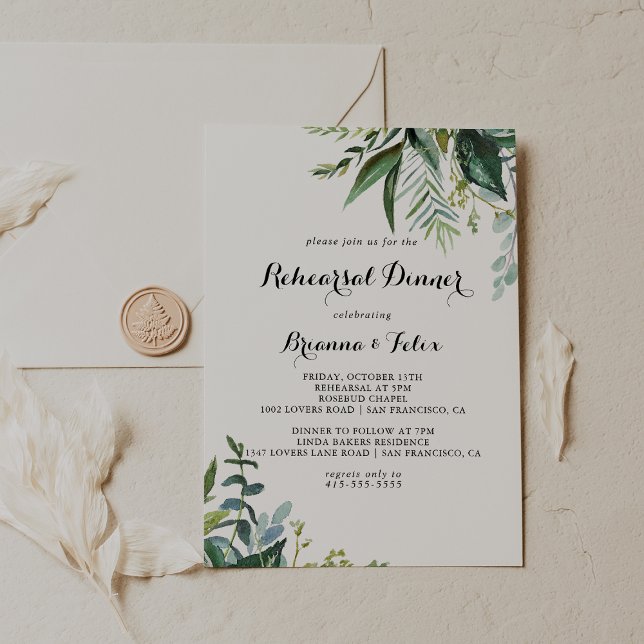 Greenery Tropical Calligraphy Rehearsal Dinner Inbjudningar (Skapare uppladdad)