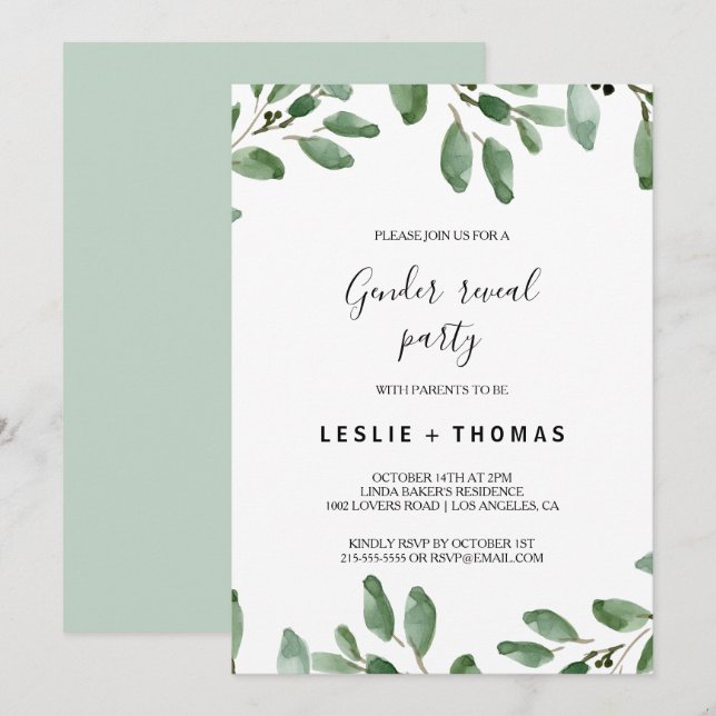 Greenery Tropical Eucalyptus Gender Reveal Party Inbjudningar (Fram/baksida)