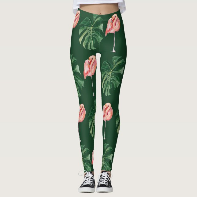 Greenery Tropical Flamingo & Monstera Löv Women Leggings (Framsida)