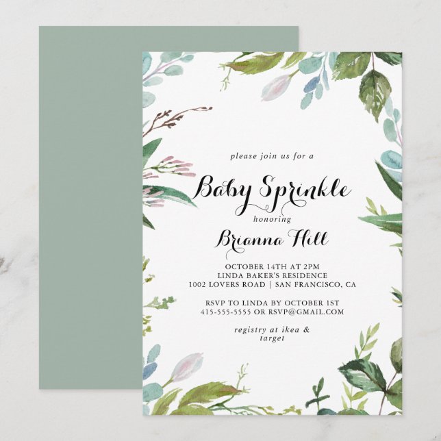 Greenery Tropical Modern Calligraphy Baby Sprinkle Inbjudningar (Fram/baksida)