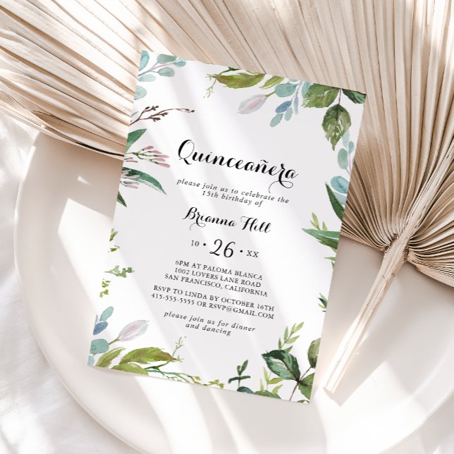 Greenery Tropical Modern Calligraphy Quinceañera Inbjudningar (Skapare uppladdad)