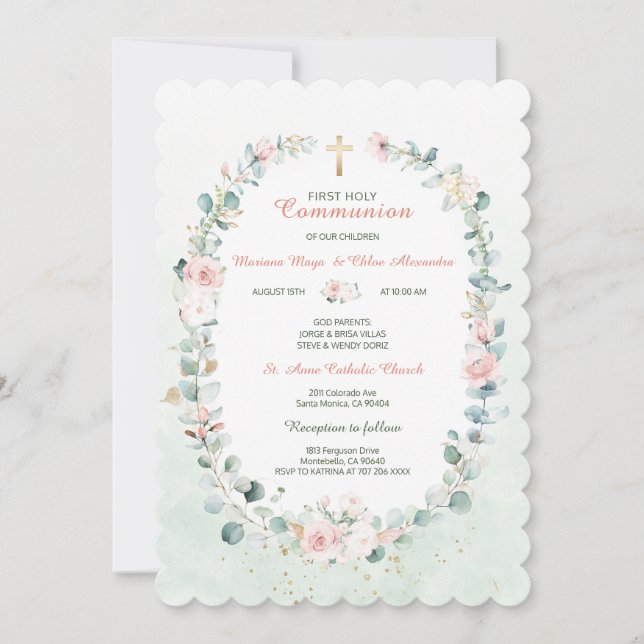 Greenery Twin Communion Girls-inbjudningar Inbjudningar (Framsida)