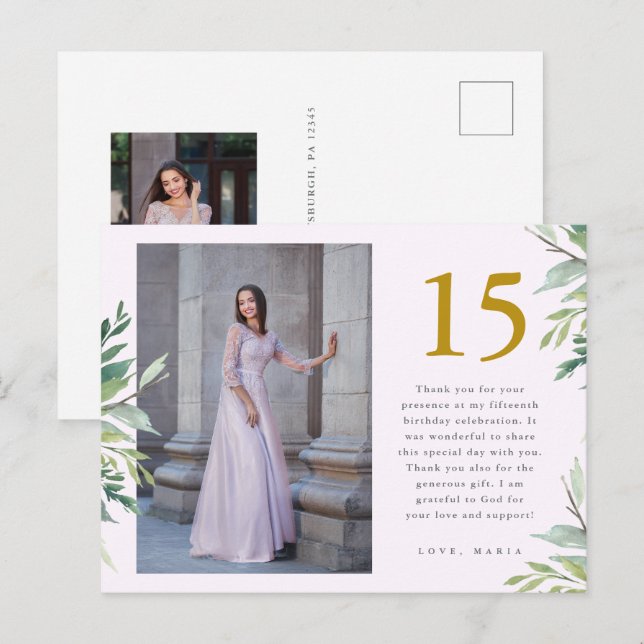 Greenery Two Photo Quinceanera Blush Tack Vykort (Fram/baksida)